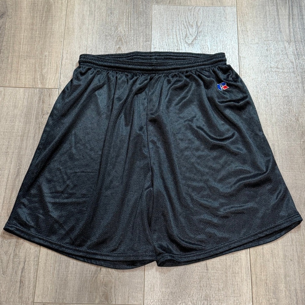 VTG 90s Russell Athletic Mens XL Black Mesh Basketball Shorts Embroidered Logo
